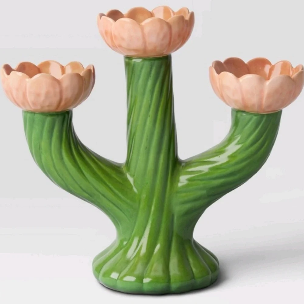 THRESHOLD NWT ceramic floral candelabra -pink/green