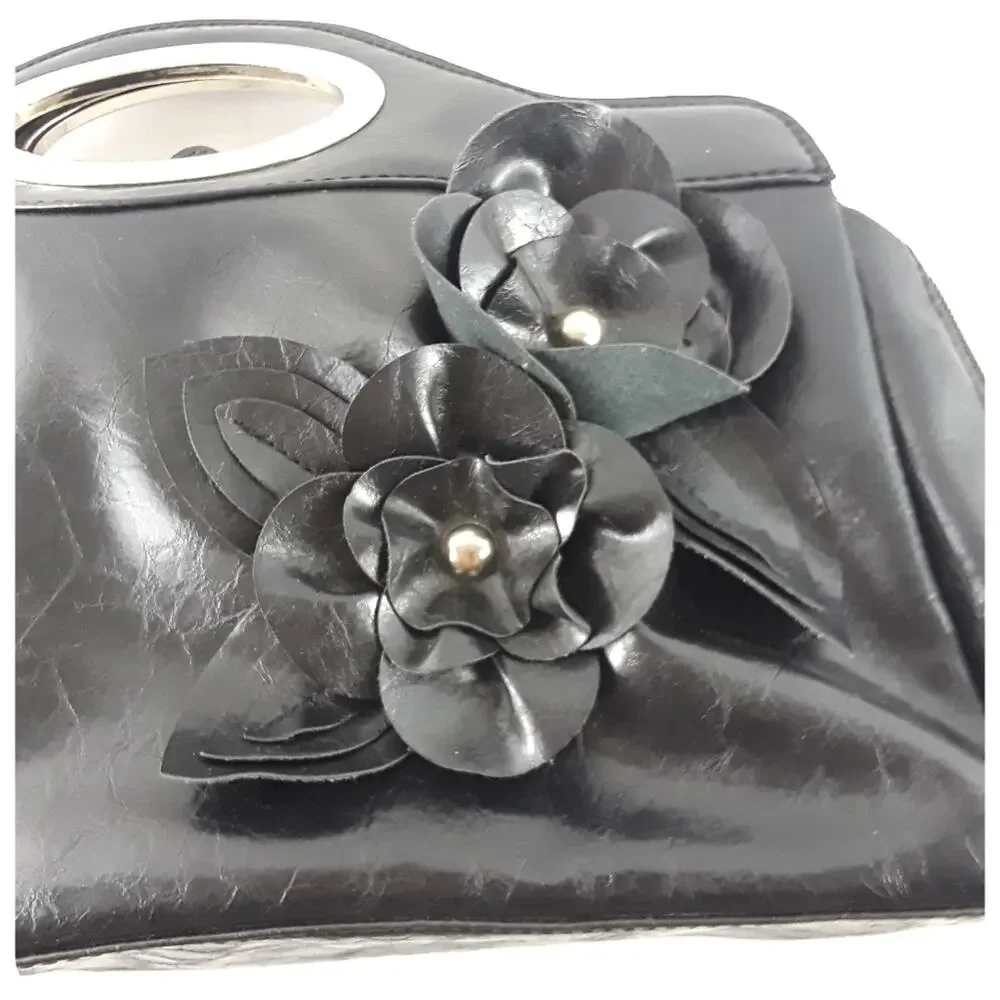 NICOLE MILLER Black Faux Leather Clutch Purse with Flowers Vegan Leather