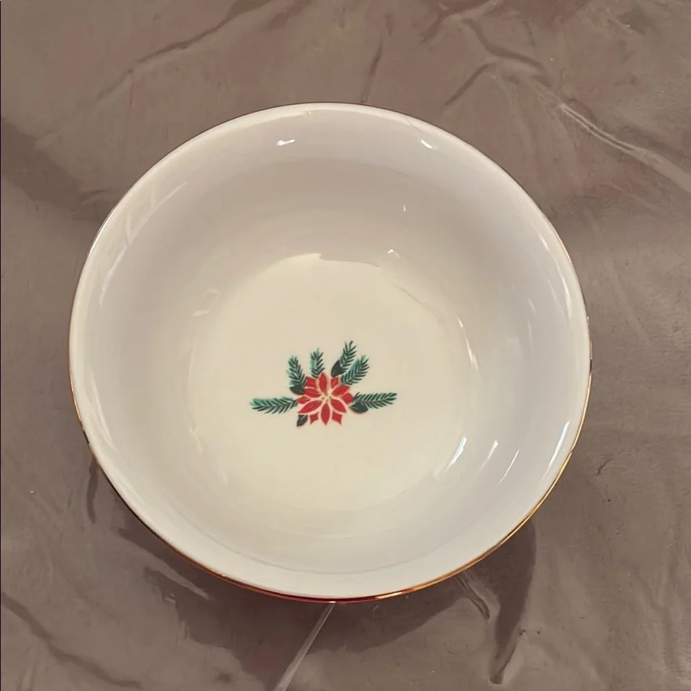 Vintage Tienshan Festive Holiday Poinsetta Ribbons Chip & Dip Set