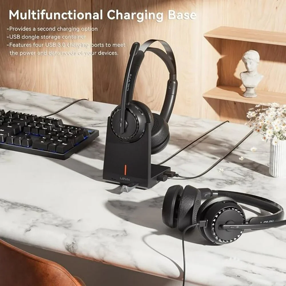 NEW Bluetooth Wireless Headset with Mic, Charging Base, AI Noise Cancelling