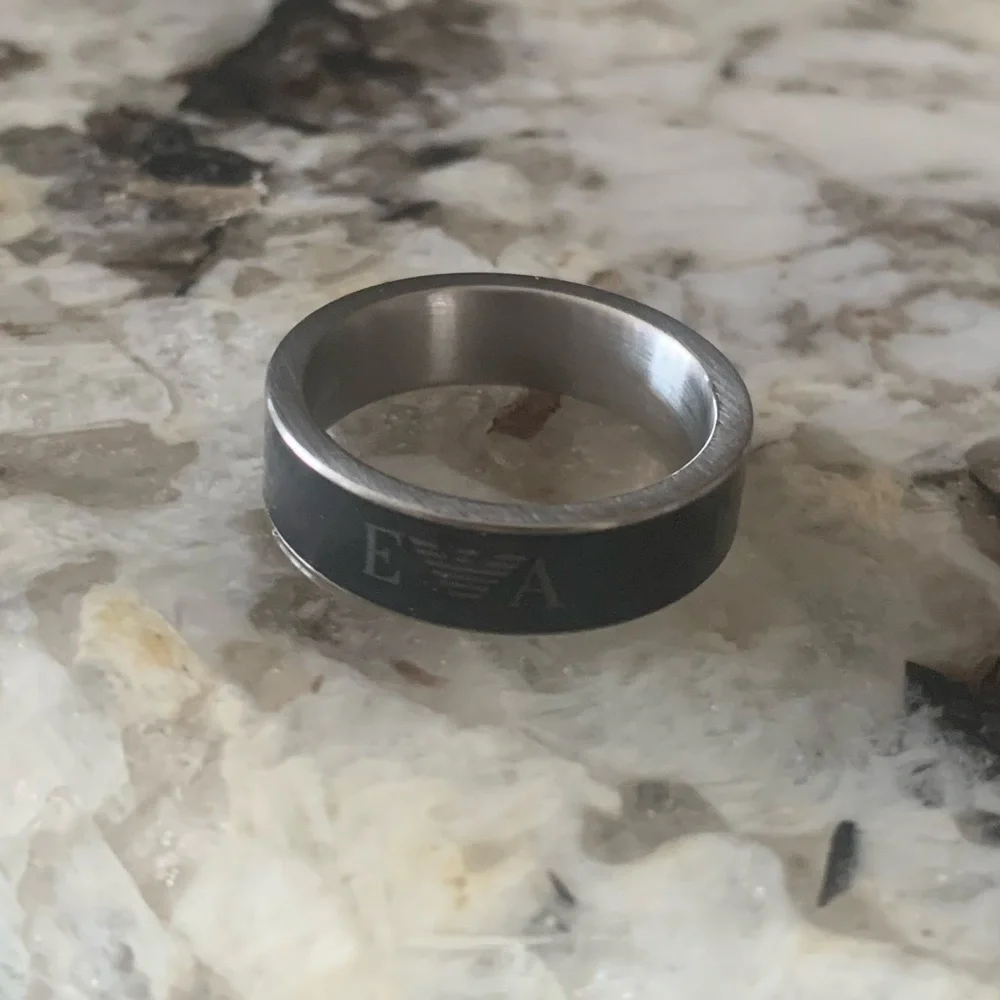 NEW Emporio Armani Black Enamel EA Logo Band, Stainless Steel, Size 9
