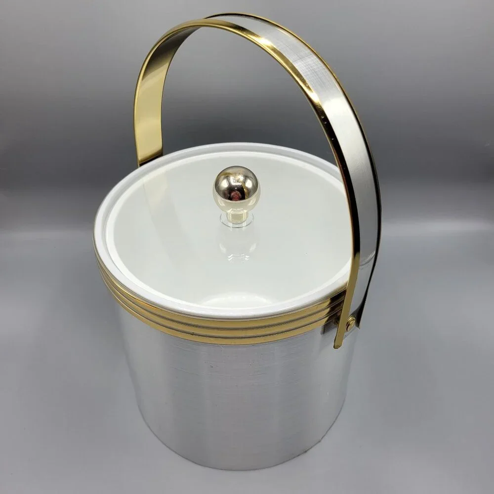 Vintage Mid Century Modern MCM Silver Gold Ice Bucket Clear Lid & Metal Handle