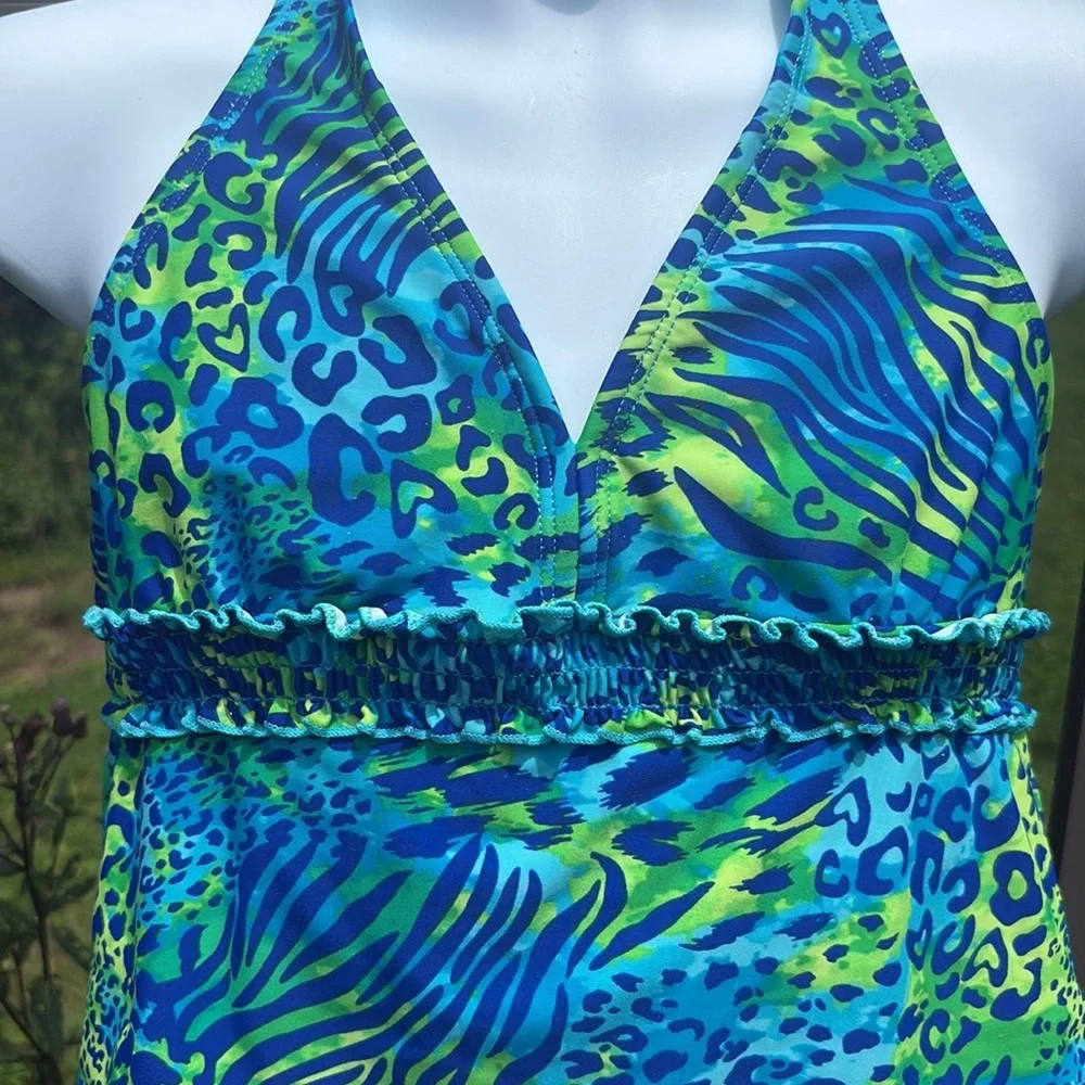 Justice Blue and Green Two Piece Swimsuit with Halter Neck Size 12