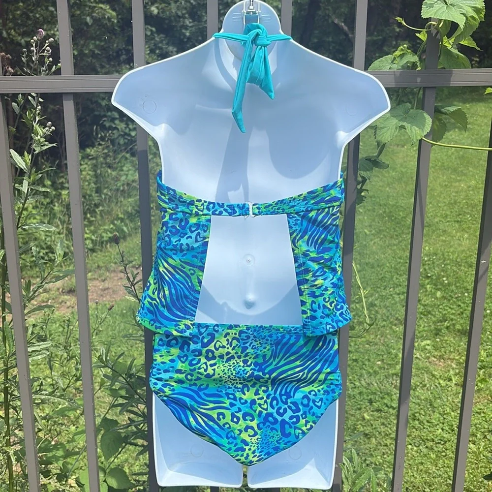 Justice Blue and Green Two Piece Swimsuit with Halter Neck Size 12