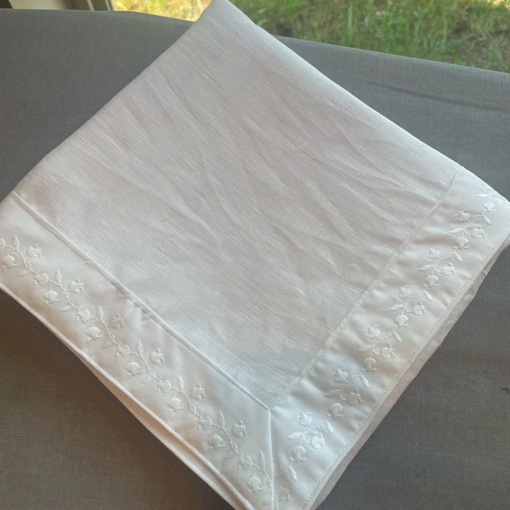 Elegant White Linen baby blanket with antique lace