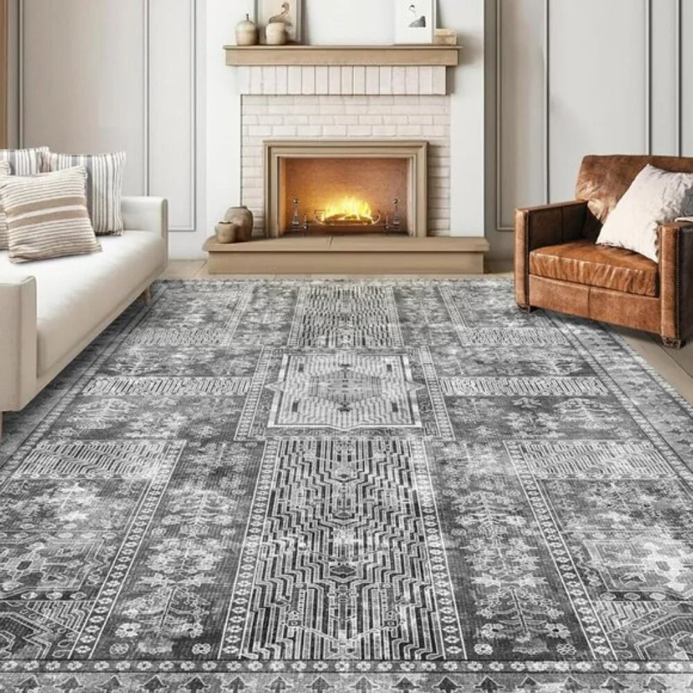 New 6x9 Grey Vintage Area Rug, Washable Non-Slip Carpet for Home & Bedroom