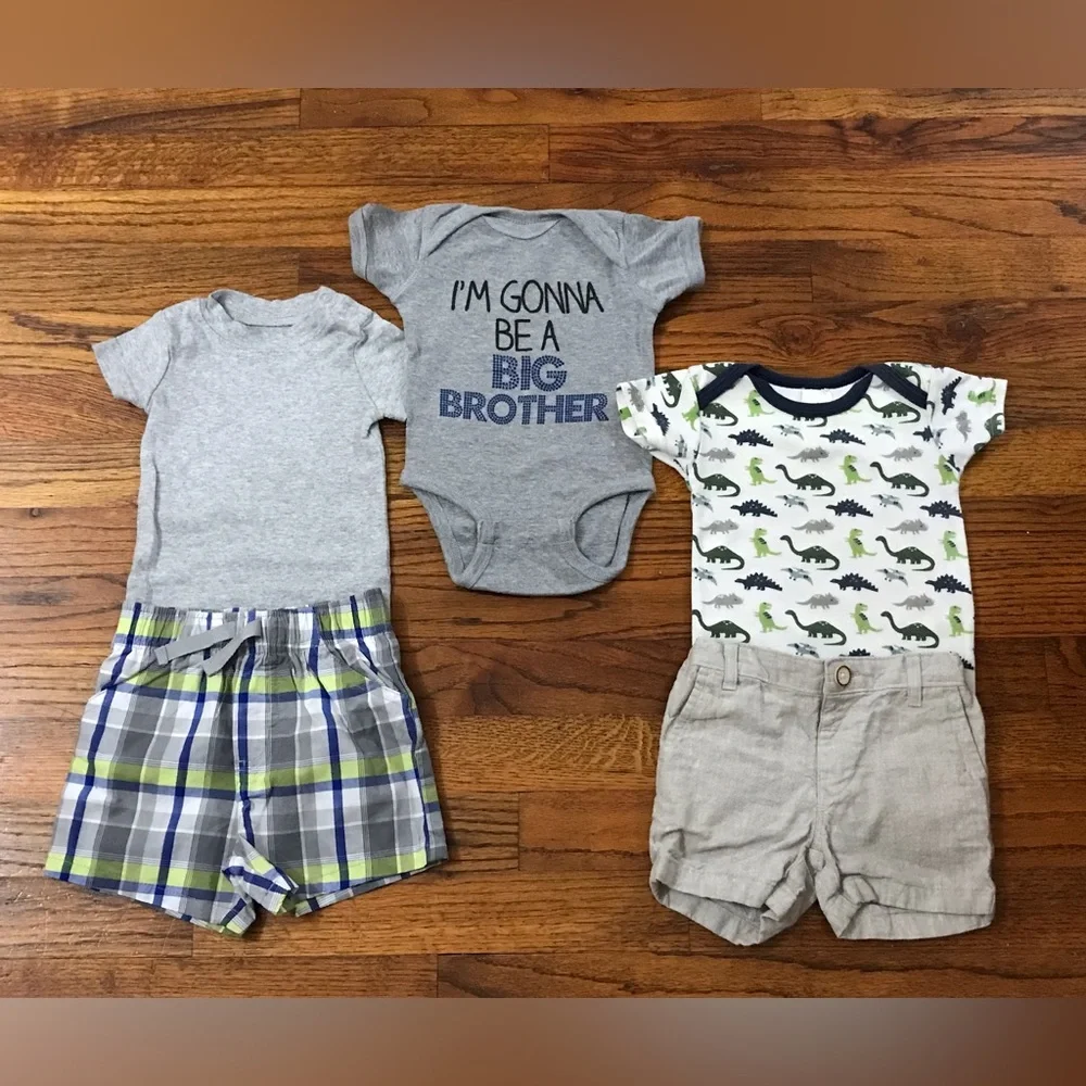 Baby Boy Onesies, Plaid Shorts & Beige Shorts Dinosaur I’m gonna be Big Brother
