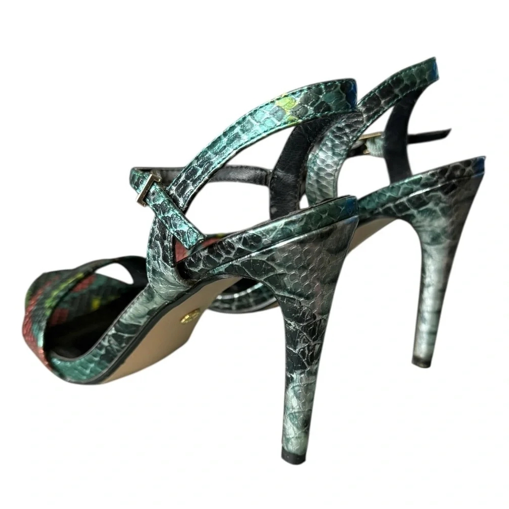 XOXO Colette Metallic Snakeskin Print Strappy Heeled Sandals- Size 7.5