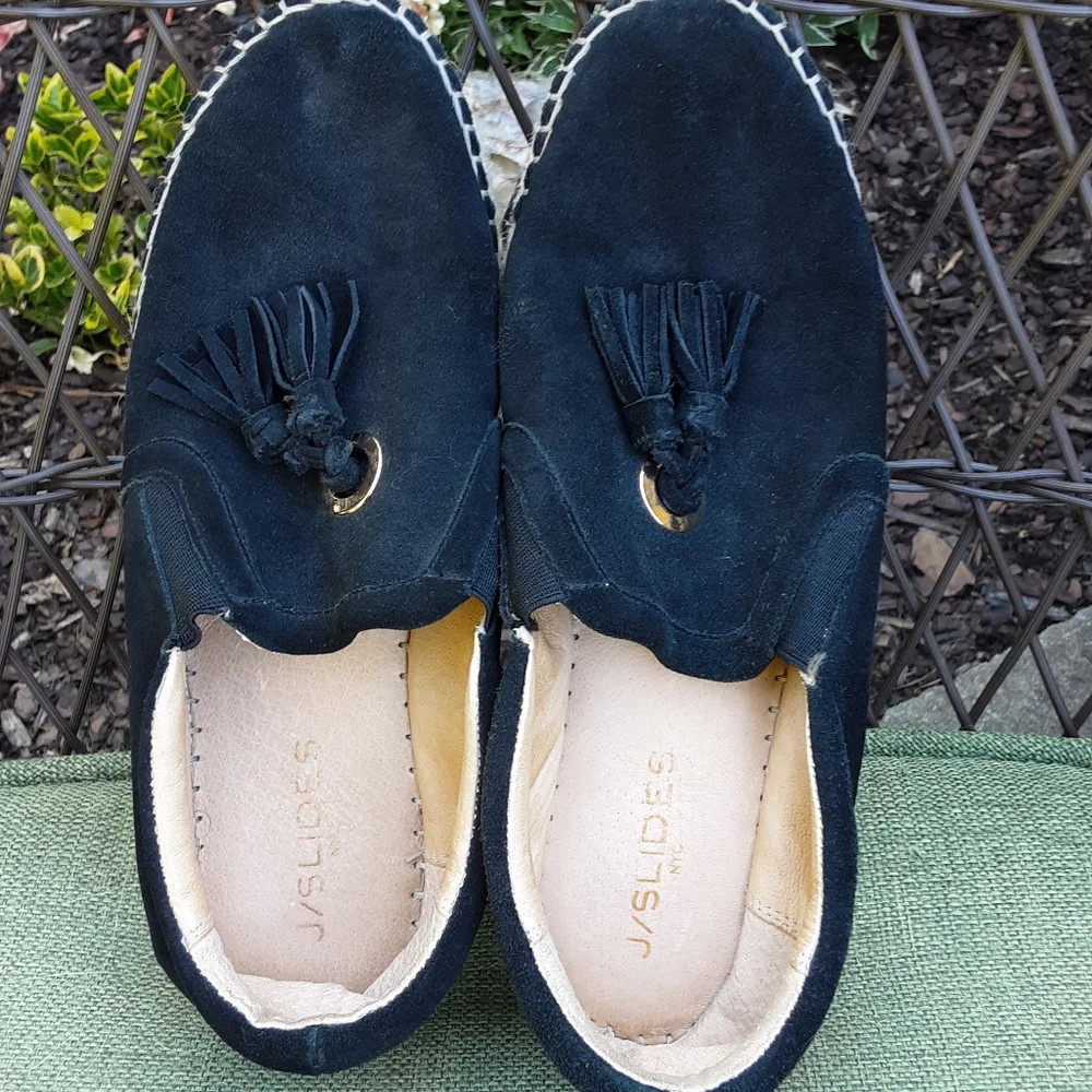 J/Slides NYC Black Suede Espadrille Slip-on Shoe with TasselDetail.