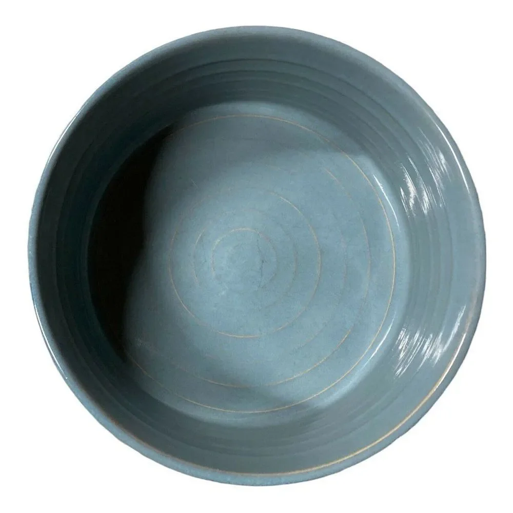Studio Pottery Blue Brown Edge Stoneware Butter or Cheese Crock 7” Fruit Bowl