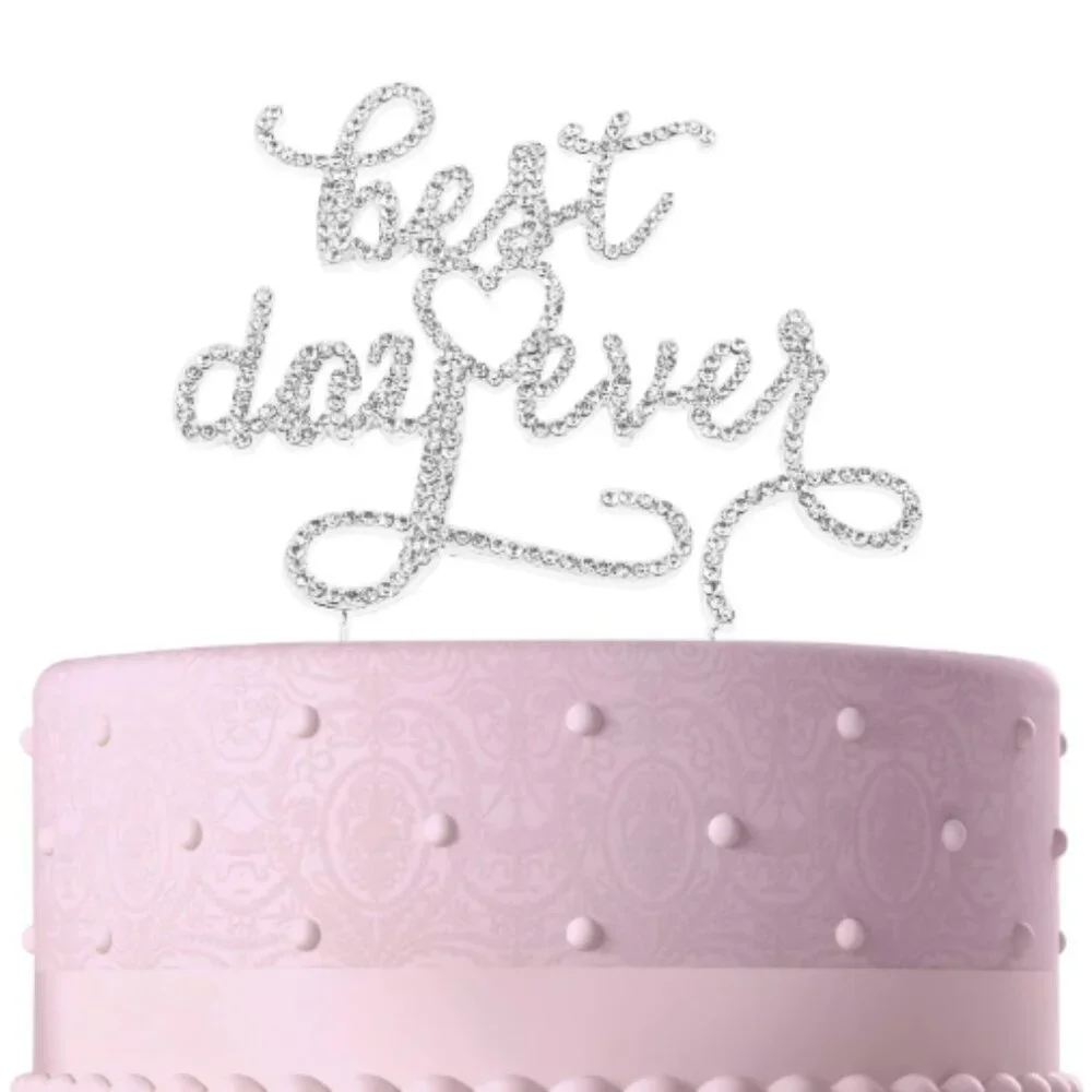 Silver Metal Best Day Ever Rhinestone Wedding Cake Topper Decoration