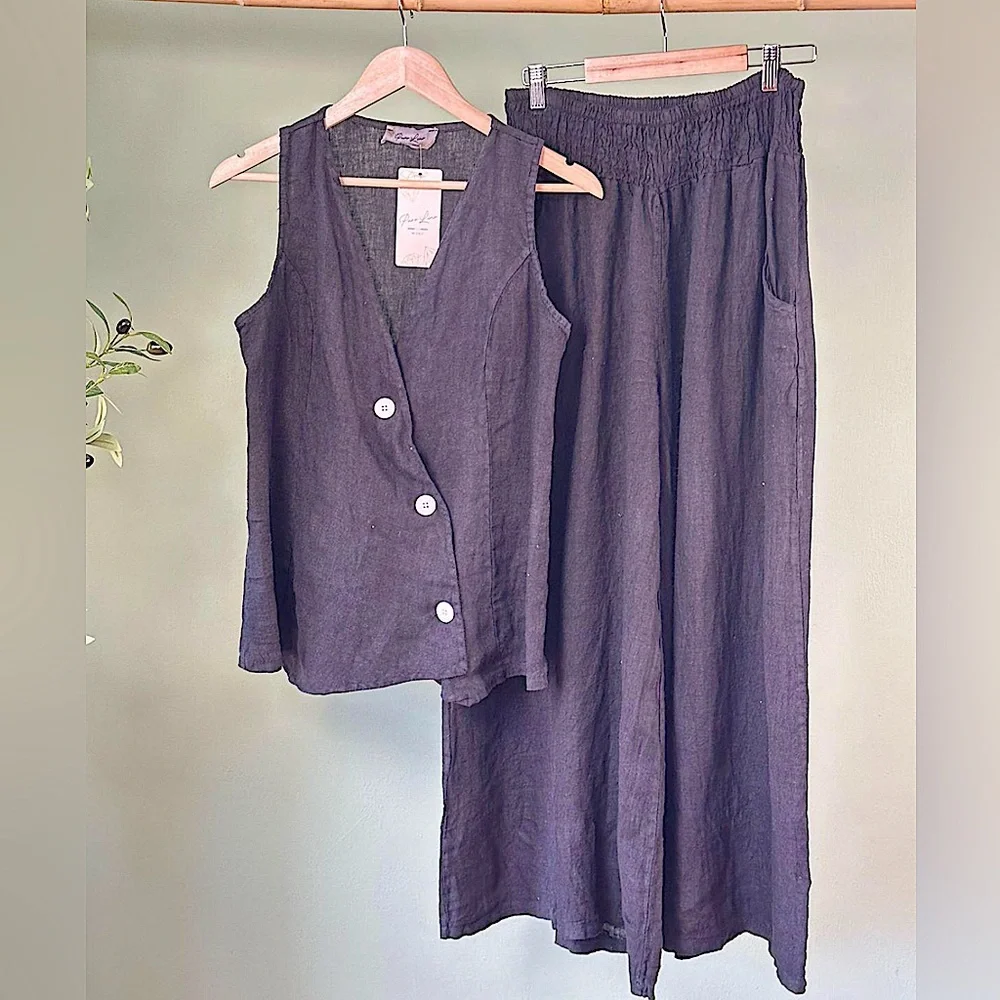 Puro Lino Made in Italy Sleeveless Button Linen Vest and Wide-Leg Pants Set