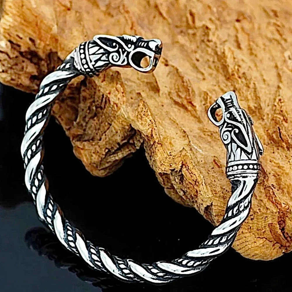 STERLING SILVER VIKING WOLF BRACELET SILVER ARM BAND CUFF BANGLE