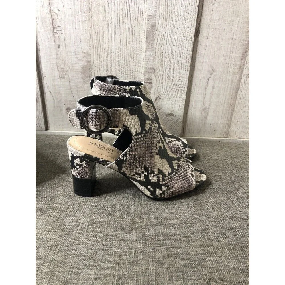 Alfani Womens Shoes Size 6 M Step Flex Black White Snake Print Open Toe Heels