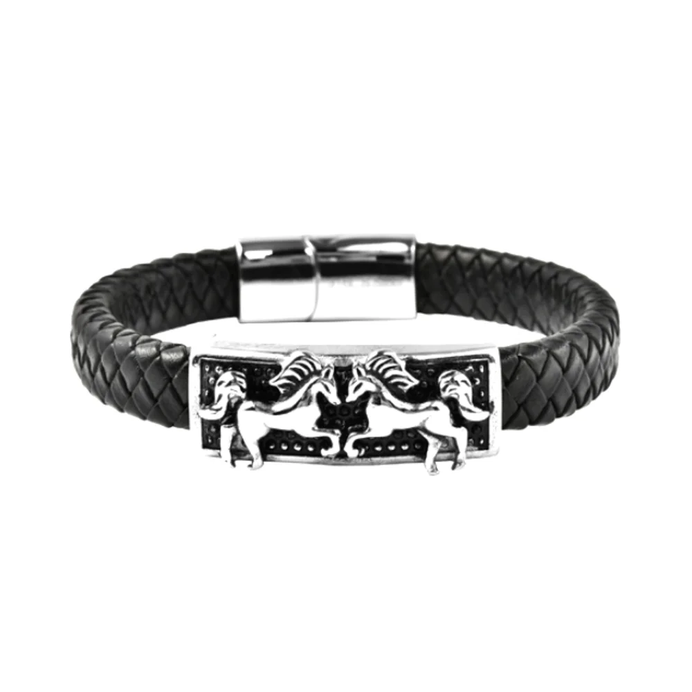 🔥SALE Genuine Leather Braided Dual Horse Bracelet in Black Oxidized Stainless