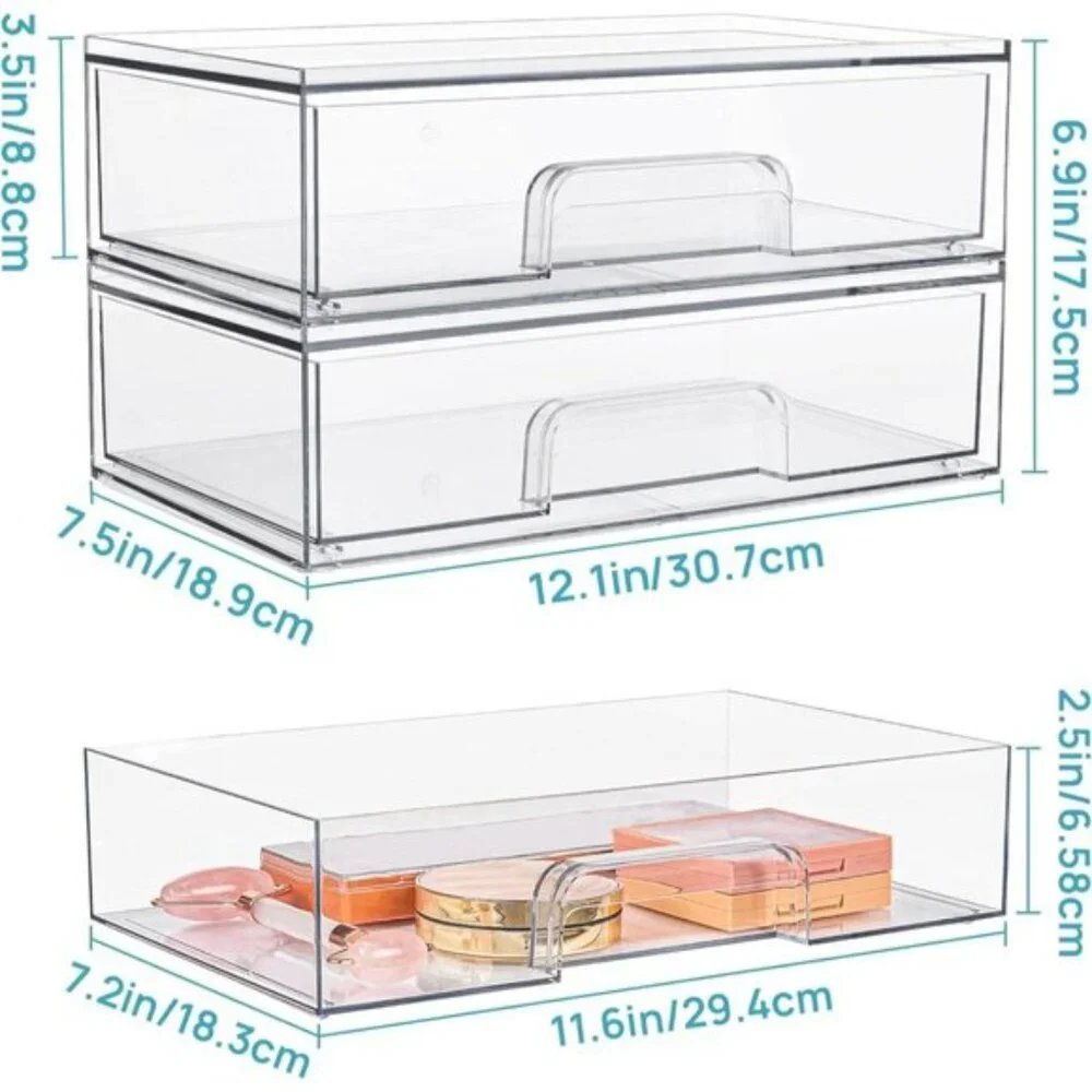 New 12.1In W Clear Stackable Storage Drawers, 2-Pack Acrylic Makeup Organizers