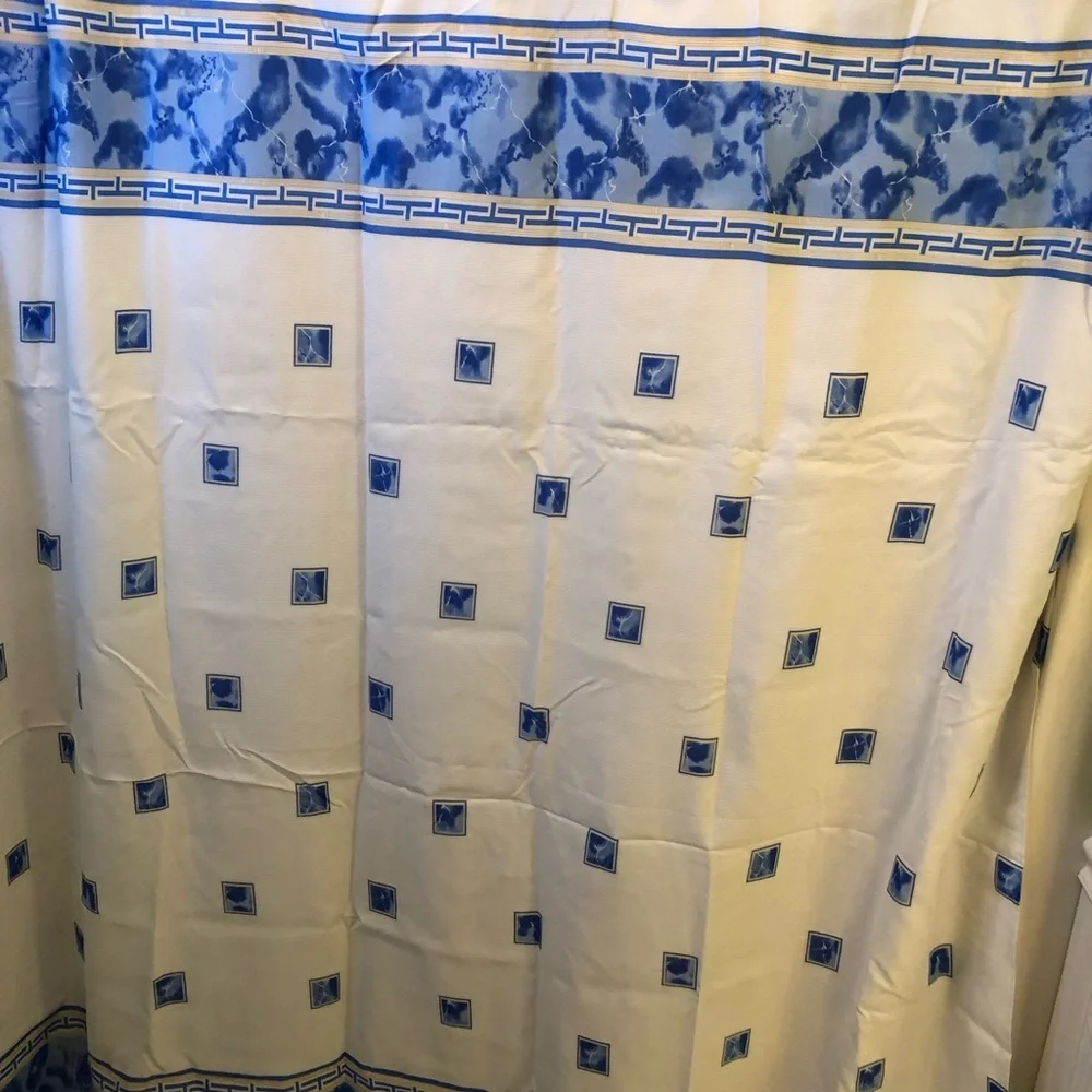 Blue white and golden yellow shower curtain