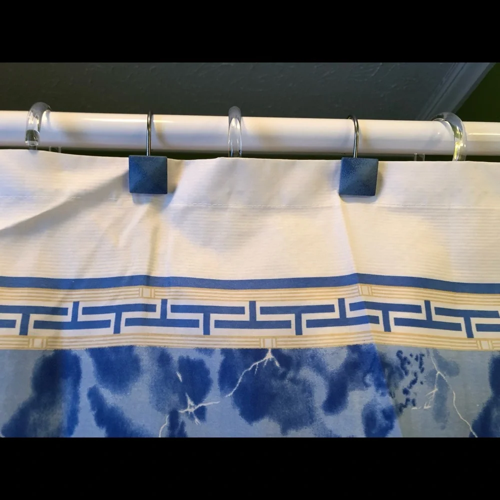 Blue white and golden yellow shower curtain