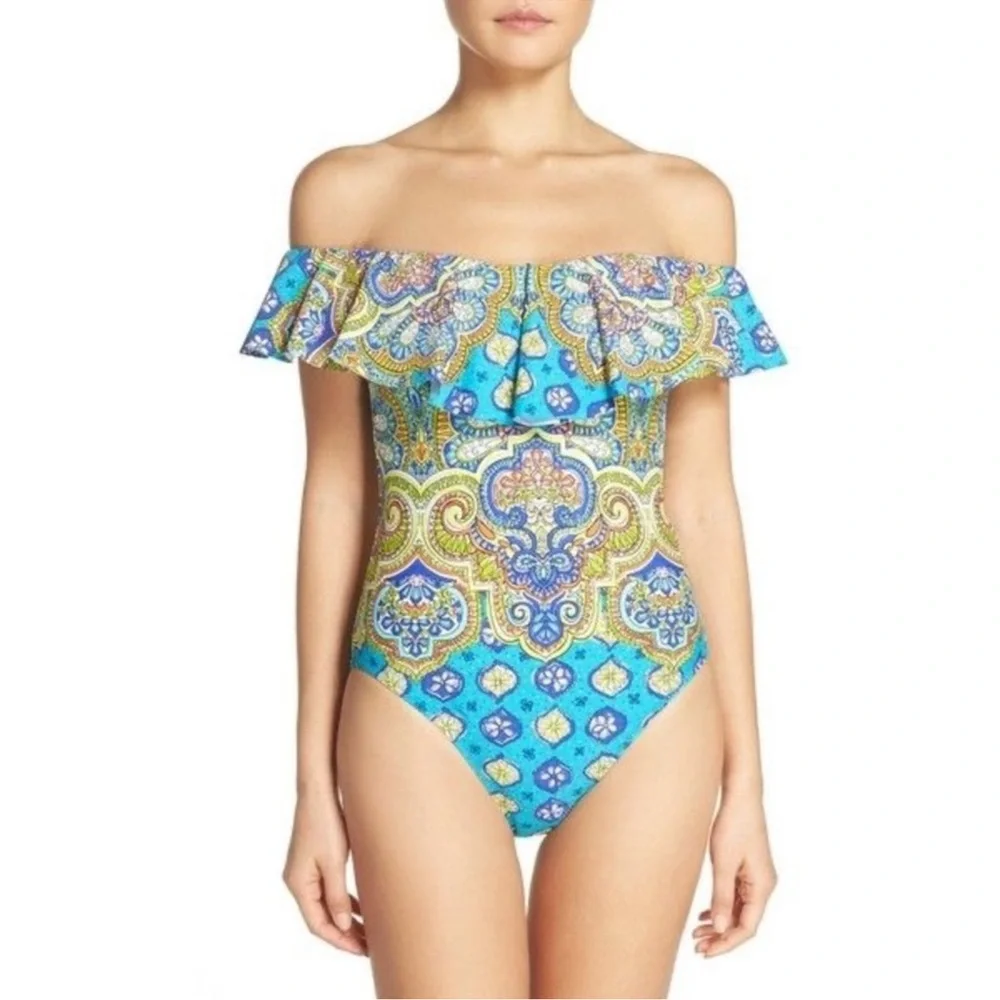 Trina Turk Corsica Off the Shoulder One Piece Swim suit blue green paisley