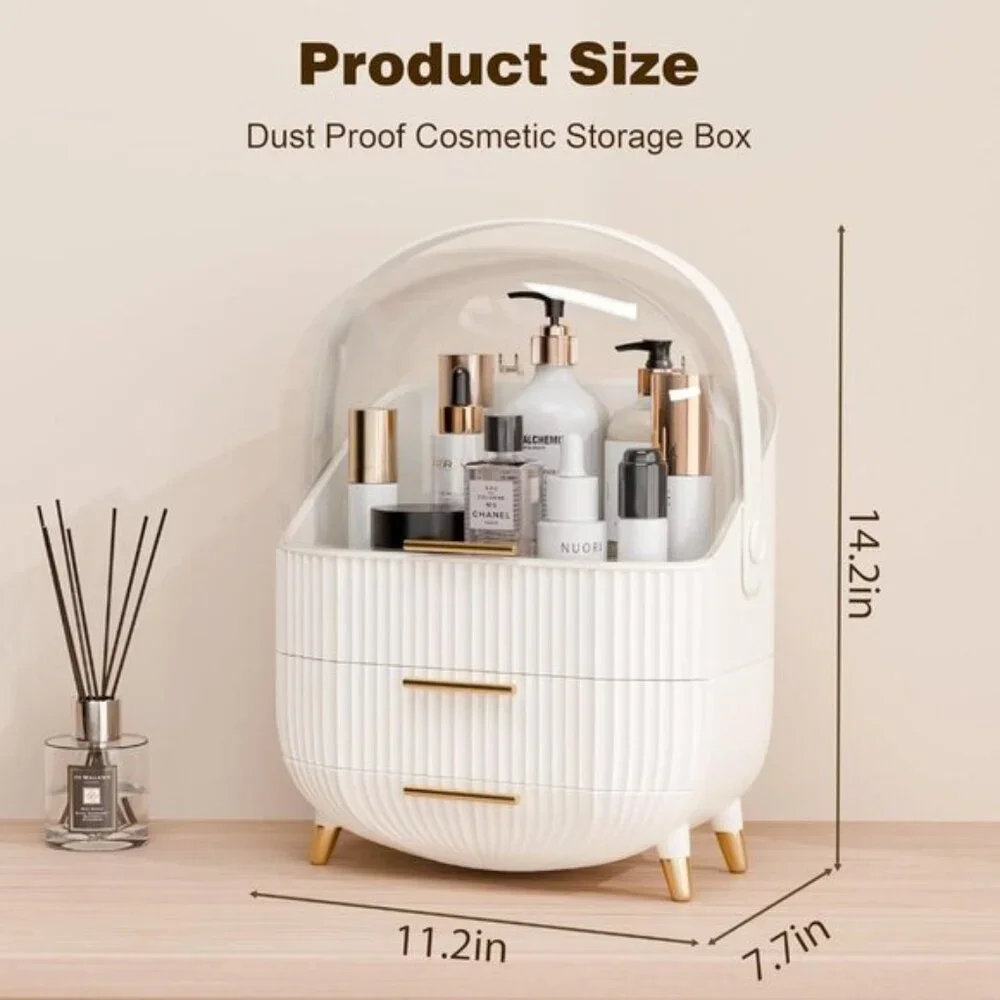 Makeup Organizer with Lid & Drawers, White Vanity Storage for Skincare & More