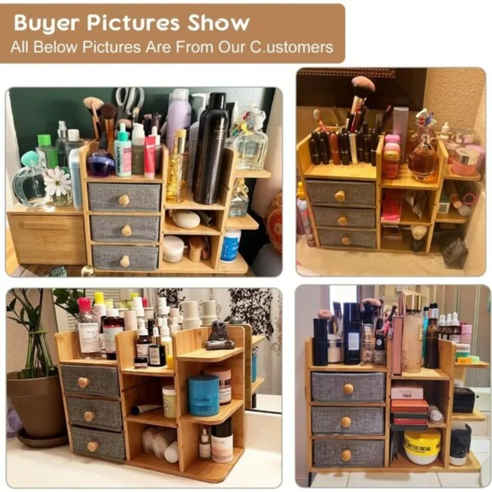 Bamboo Makeup Organizer with Brush Holder, Drawers & Shelves for Vanity & Room