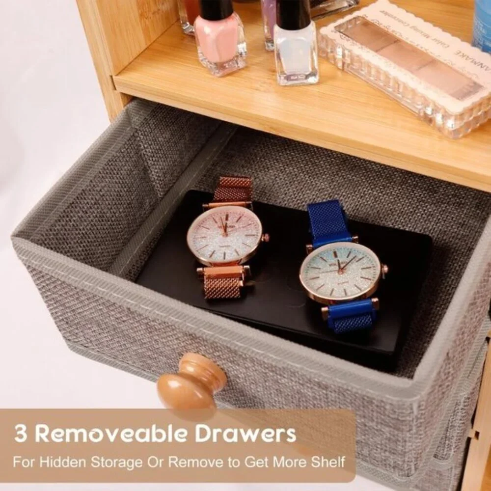 Bamboo Makeup Organizer with Brush Holder, Drawers & Shelves for Vanity & Room
