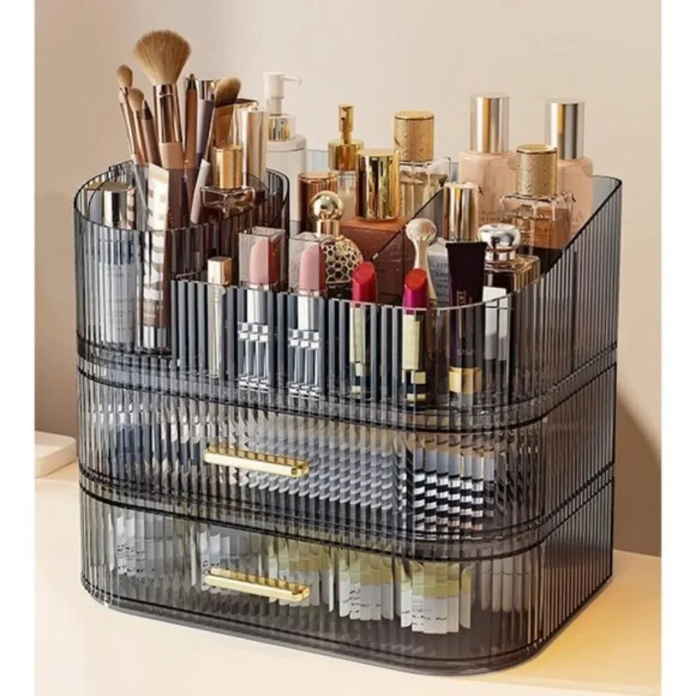 New 3-Layer 360°Rotating Makeup Organizer with Drawers & Brush Holder for Vanity