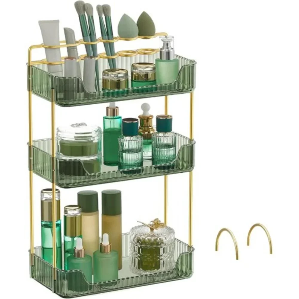 New 3-Tier Pale Green Makeup Organizer with Jewelry Holder for Vanity & Bathroom