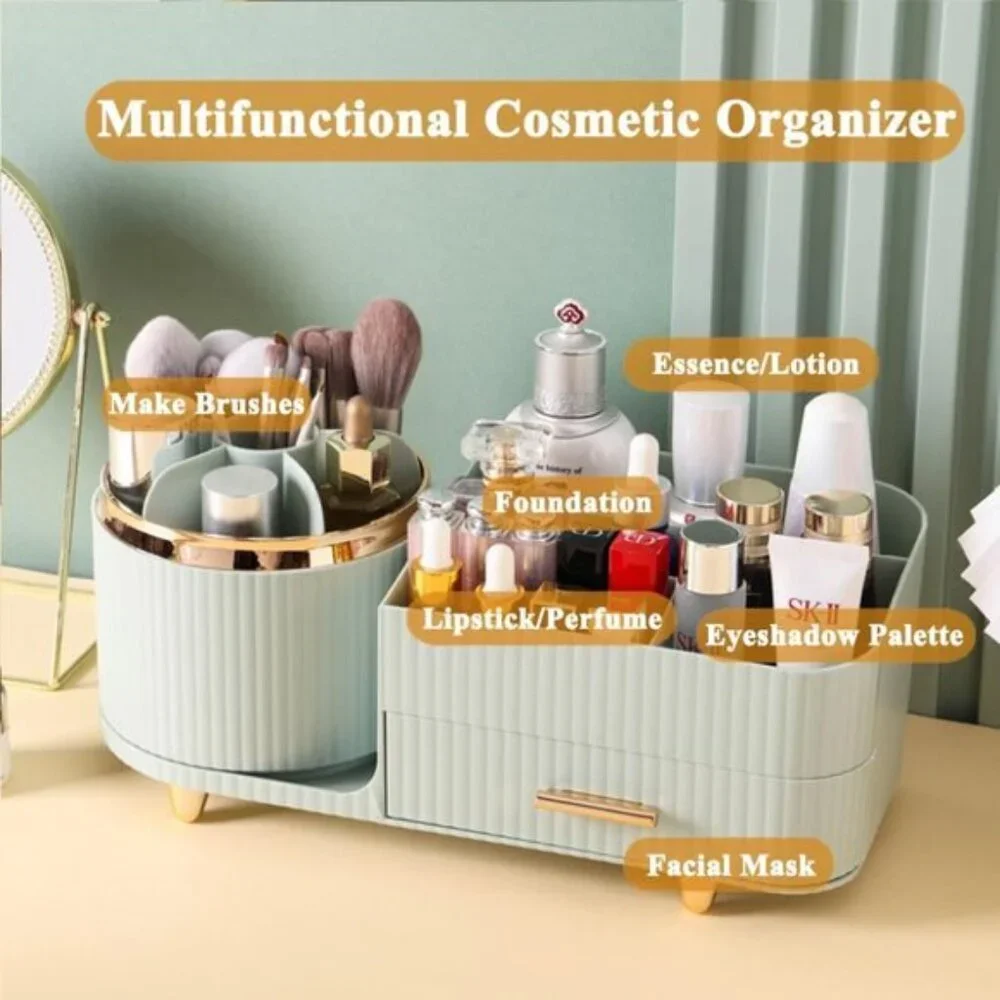 New Green 360° Rotating Makeup Organizer with Drawer & Brush Holder for Vanity