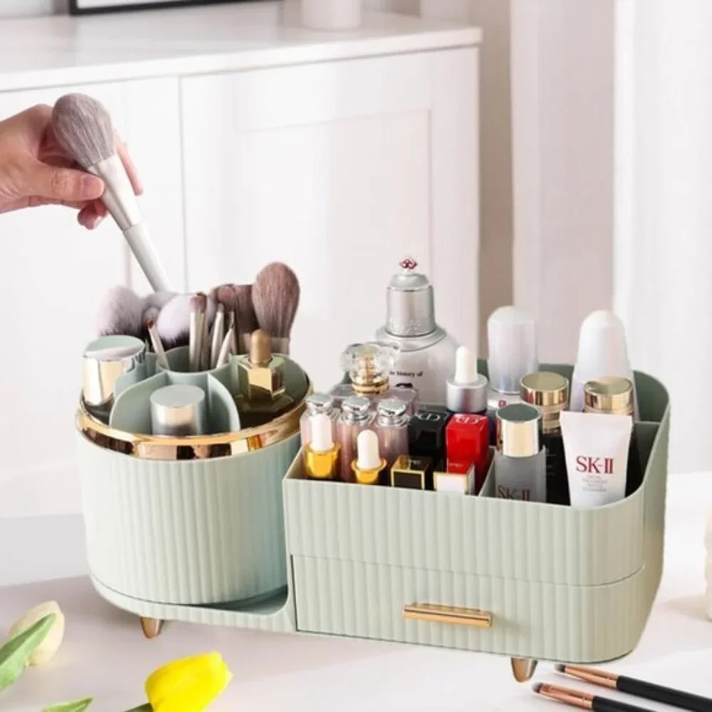 New Green 360° Rotating Makeup Organizer with Drawer & Brush Holder for Vanity