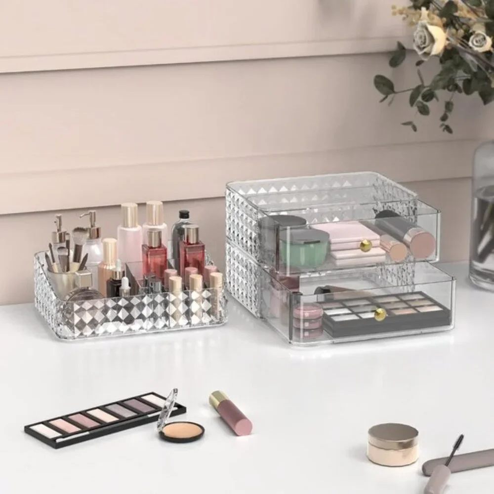 New Clear Stackable Makeup Organizer with 2 Drawers & Tray for Vanity & Jewelry