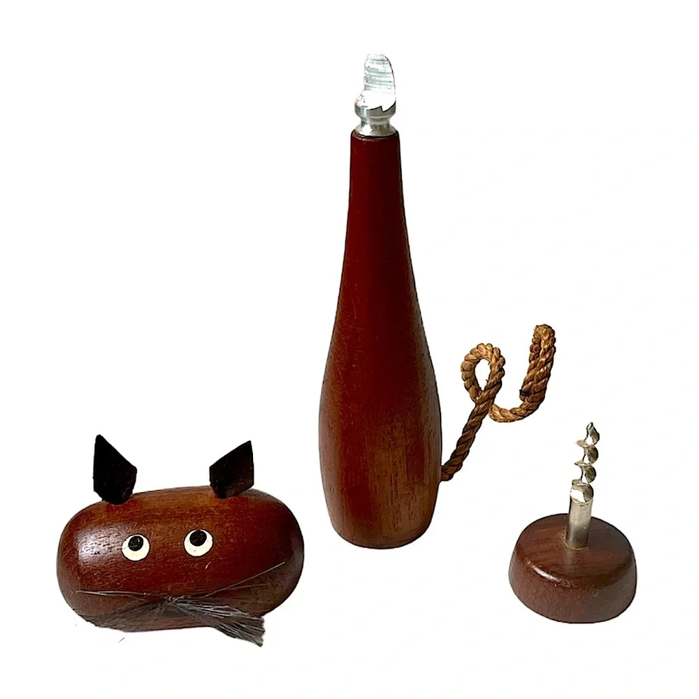 MCM Danish Cat Corkscrew Bottle Opener Mid Century Teak Walnut Denmark Barware