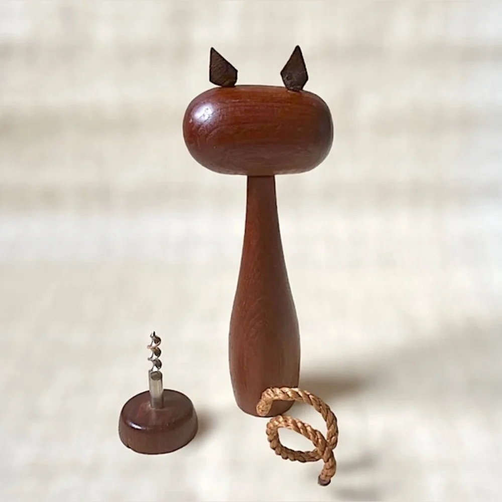 MCM Danish Cat Corkscrew Bottle Opener Mid Century Teak Walnut Denmark Barware