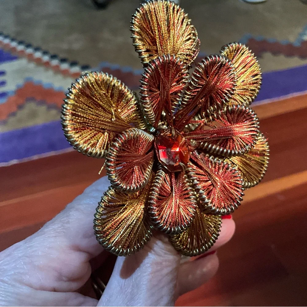 Pier 1 Four Golden and Deep Red Textured Flower Sparkly Stone Napkin Rings NWTs