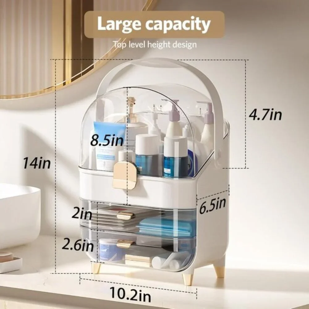 Makeup Organizer for Vanity, Large Skincare Storage with Lid & Drawers - White