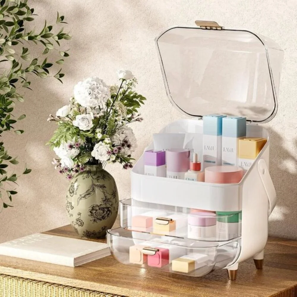 Makeup Organizer for Vanity, Large Skincare Storage with Lid & Drawers - White
