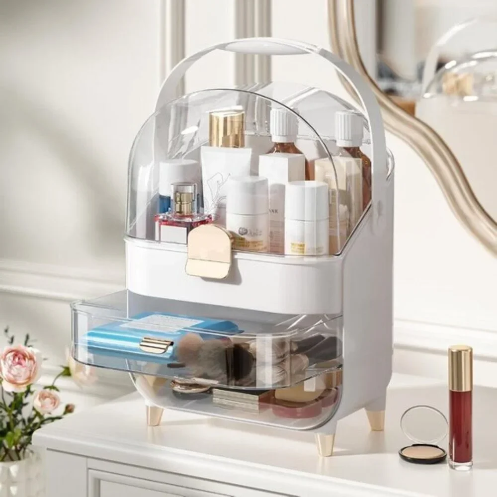 Makeup Organizer for Vanity, Large Skincare Storage with Lid & Drawers - White