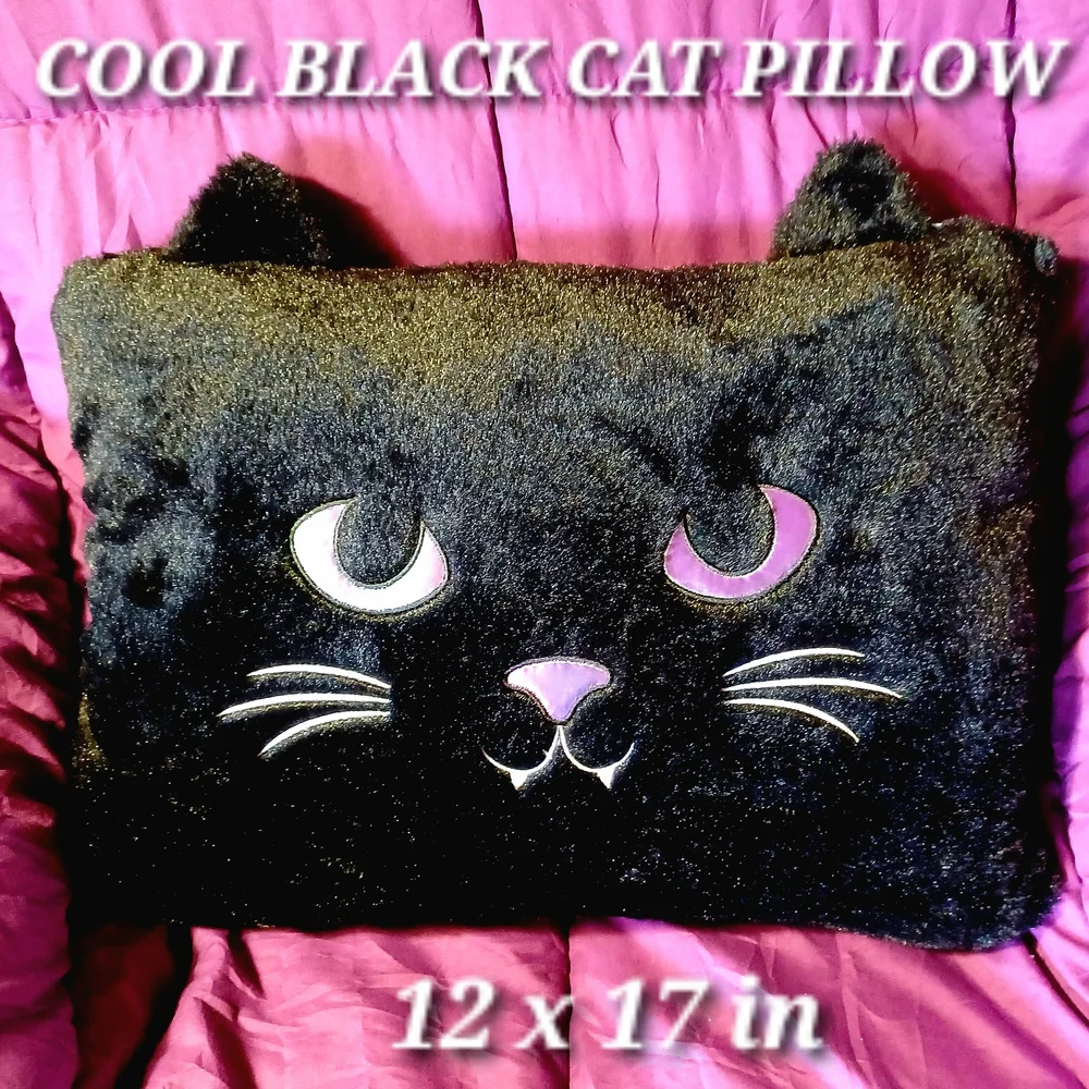 Black Cat Soft faux fur w/ iridescent rainbow gold eyes plush pillow