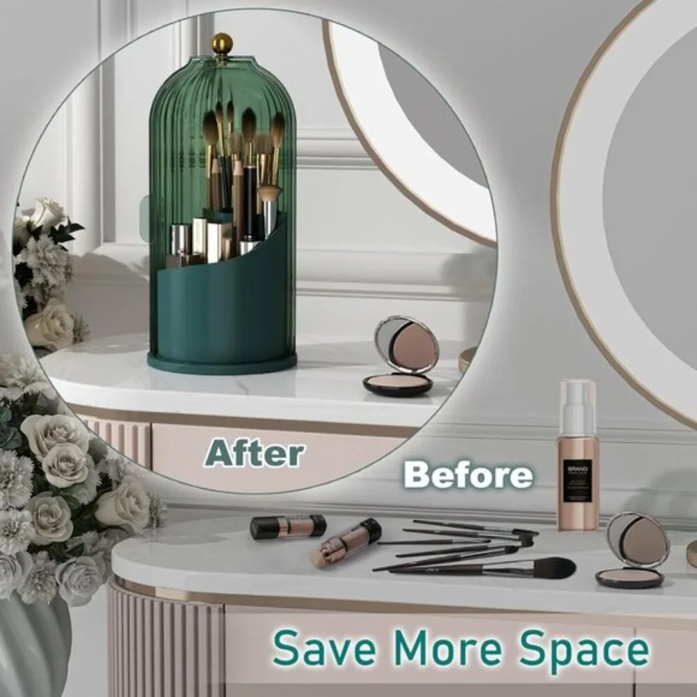 360° Rotating Makeup Brush Holder with Lid, Dustproof Vanity Organizer - Green