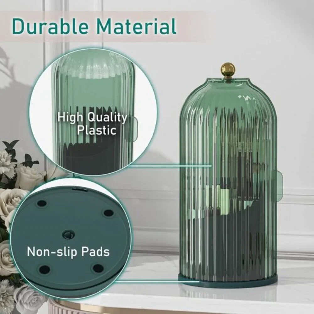 360° Rotating Makeup Brush Holder with Lid, Dustproof Vanity Organizer - Green