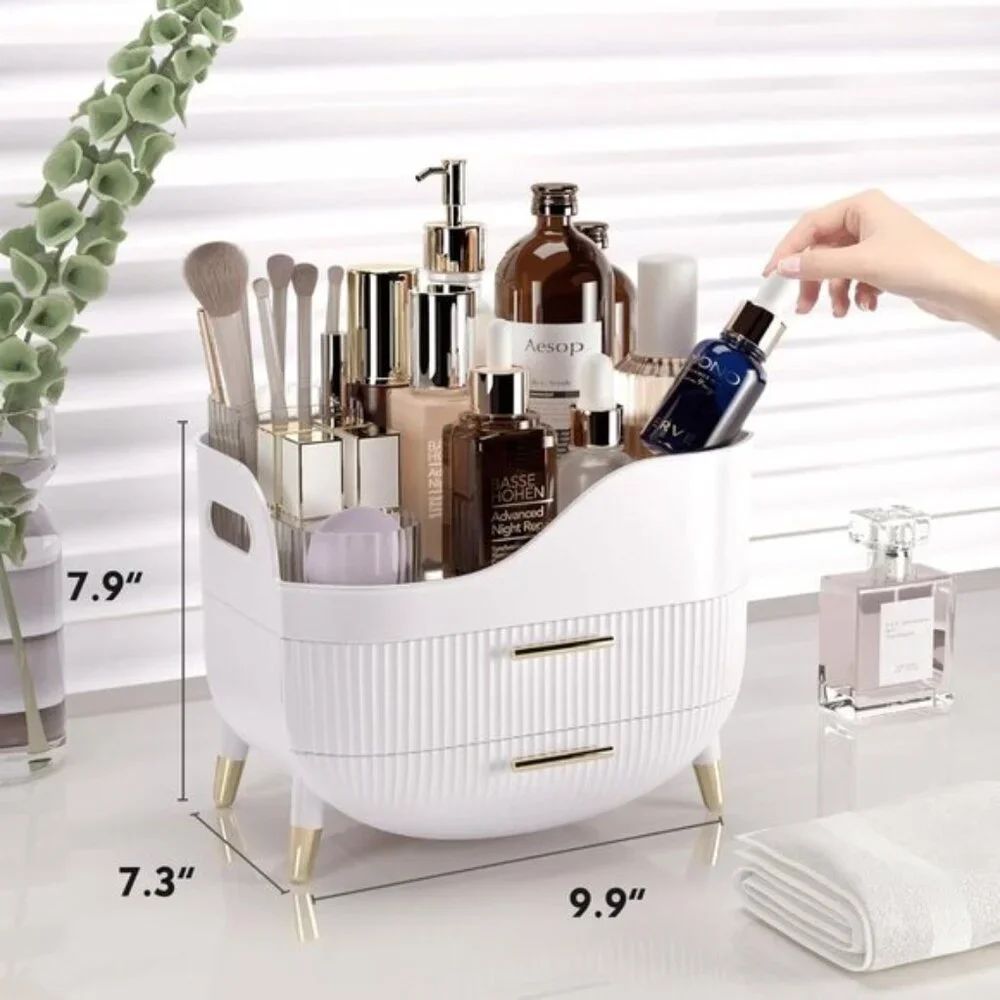 Makeup Organizer for Vanity, Large Skincare Storage Box with 2 Drawers - White