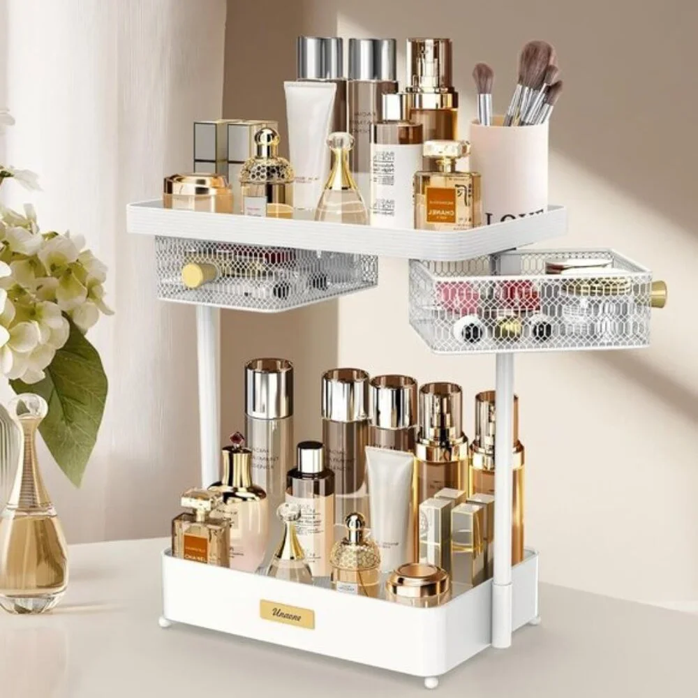 New 2-Tier Makeup Organizer Countertop, Rotating Drawers for Vanity & Skincare