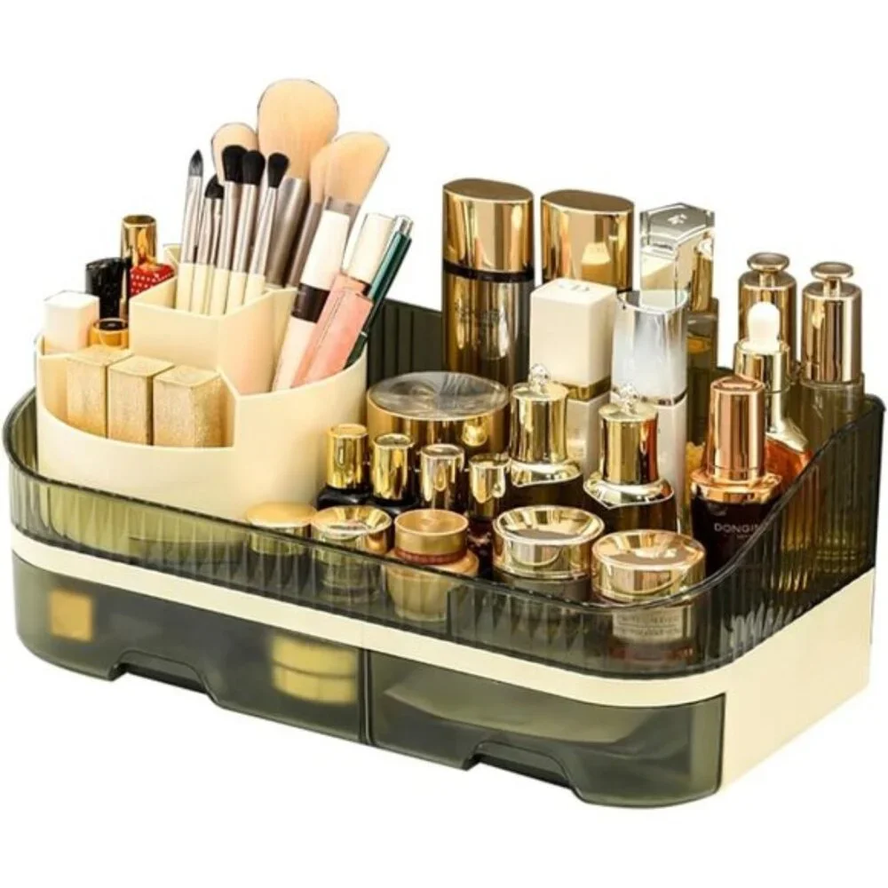 Rotating Makeup Organizer, Clear Green Acrylic Countertop Storage with 2 Drawers