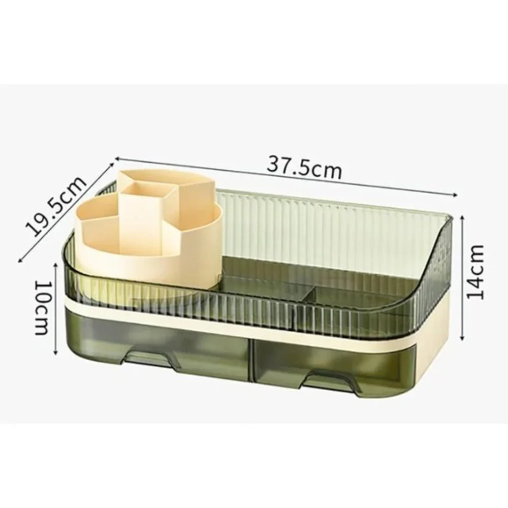 Rotating Makeup Organizer, Clear Green Acrylic Countertop Storage with 2 Drawers