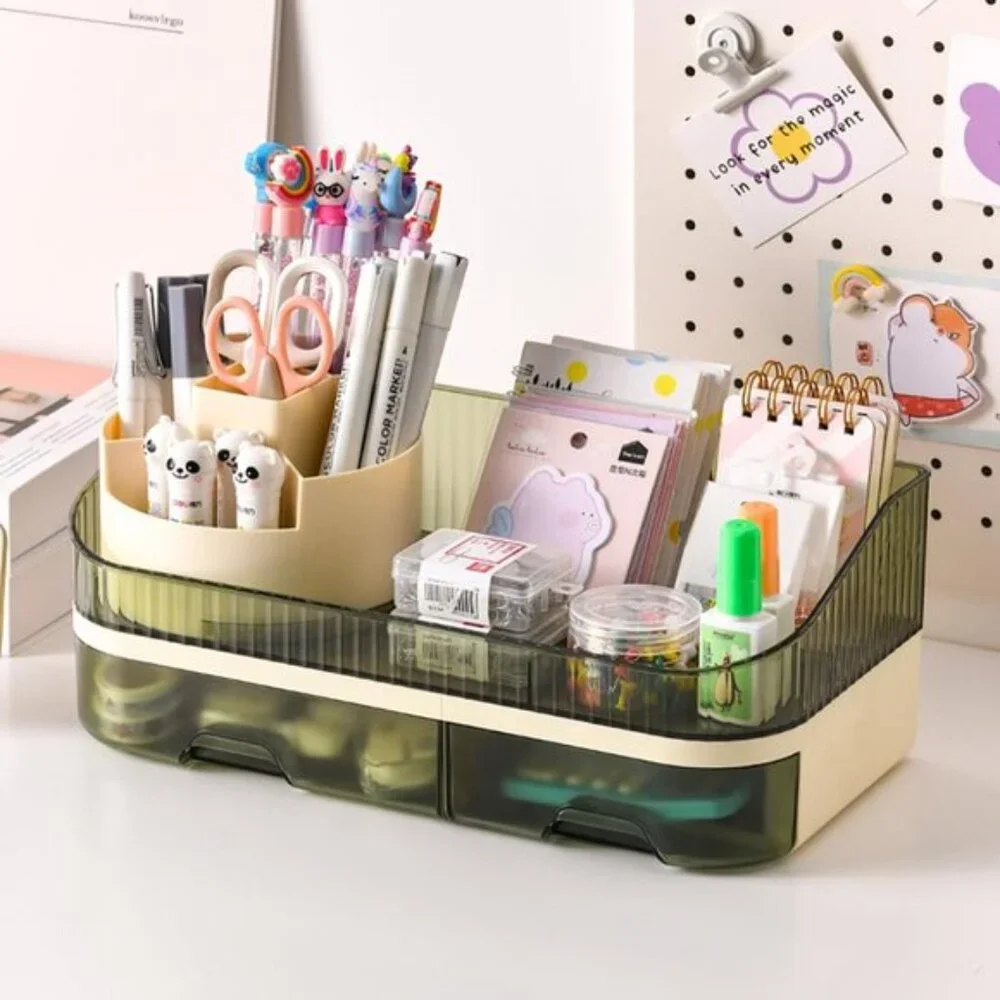 Rotating Makeup Organizer, Clear Green Acrylic Countertop Storage with 2 Drawers