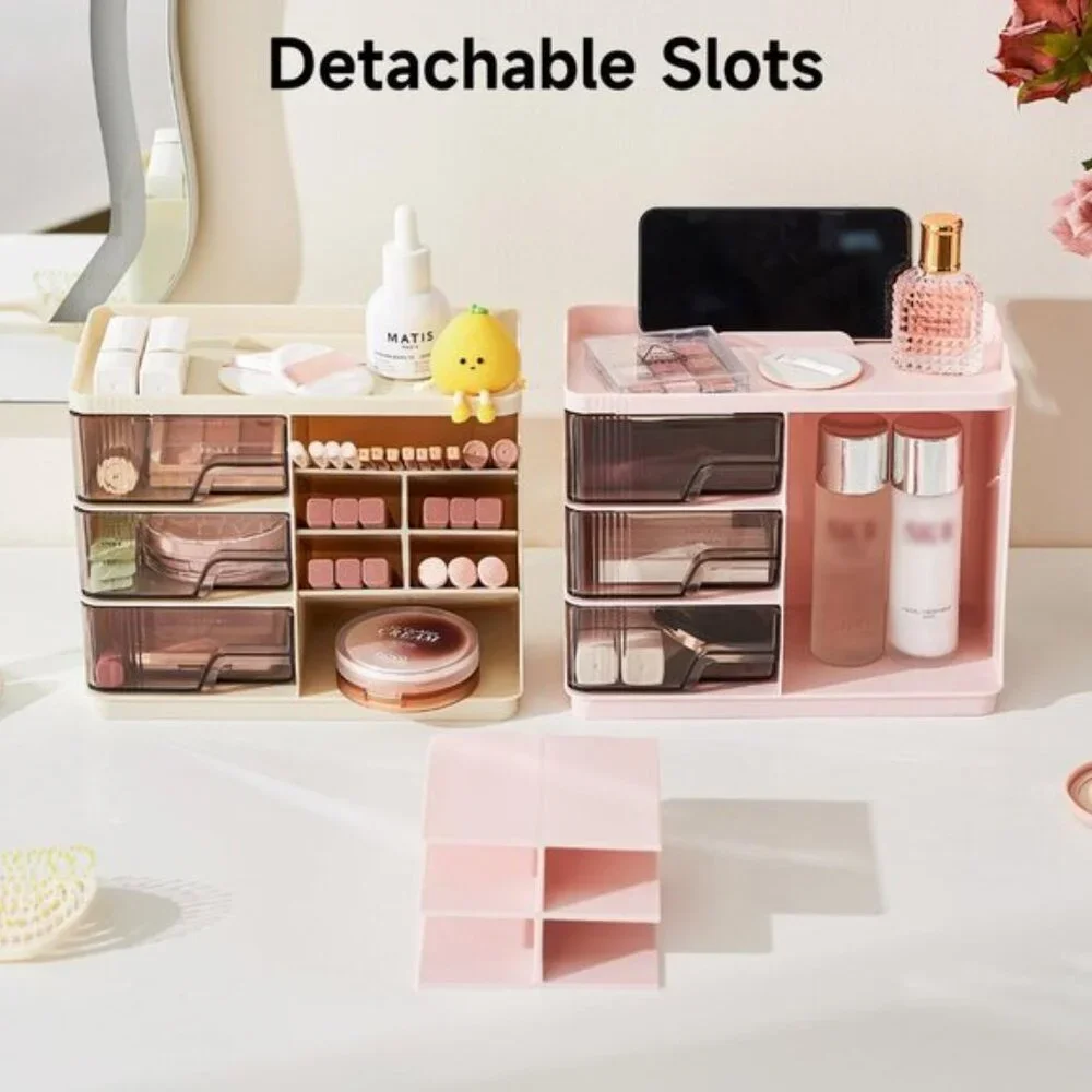 New Pink Makeup Organizer, 3-Drawer Vanity & Skincare Storage for Room Counter
