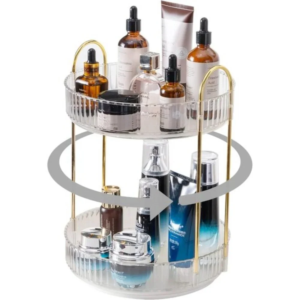 New 360° Rotating Makeup Organizer, 2-Tier Clear Vanity Storage for Skincare