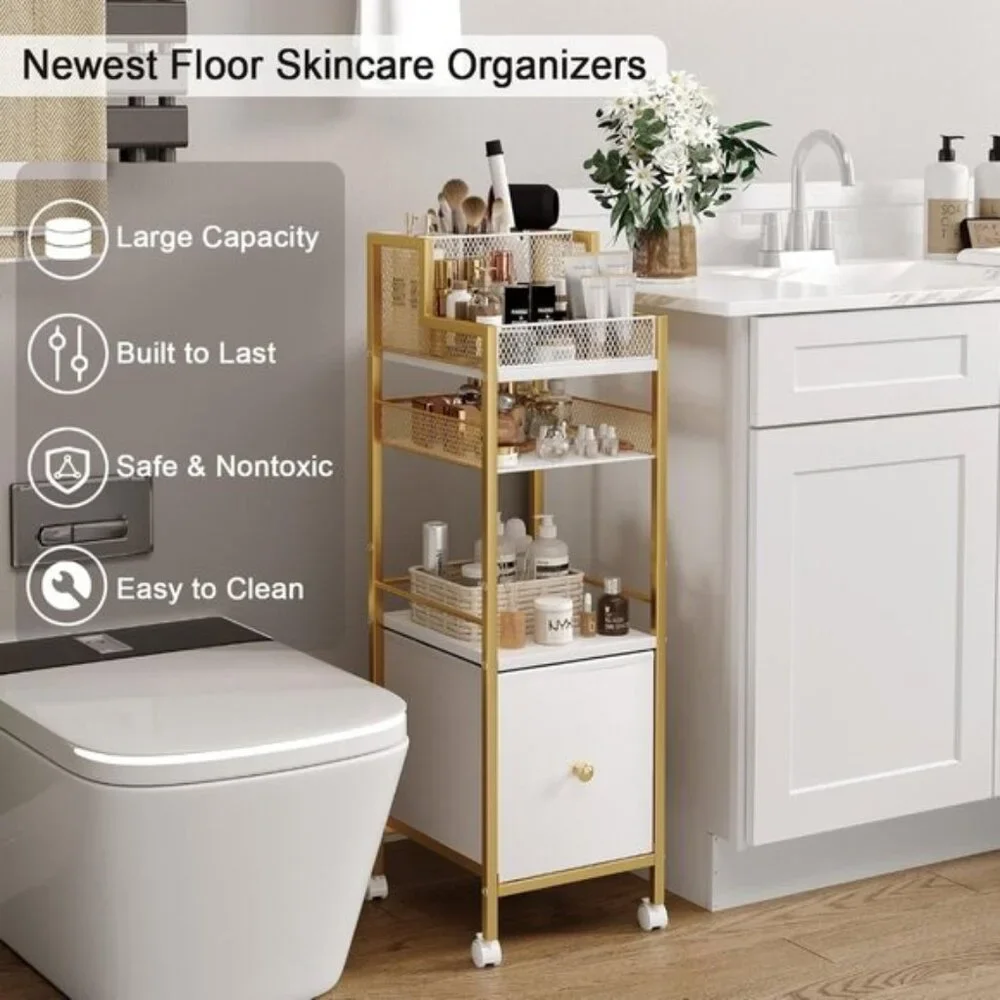 New Gold Rolling Makeup Storage Cart, Vanity Organizer with Drawers for Home