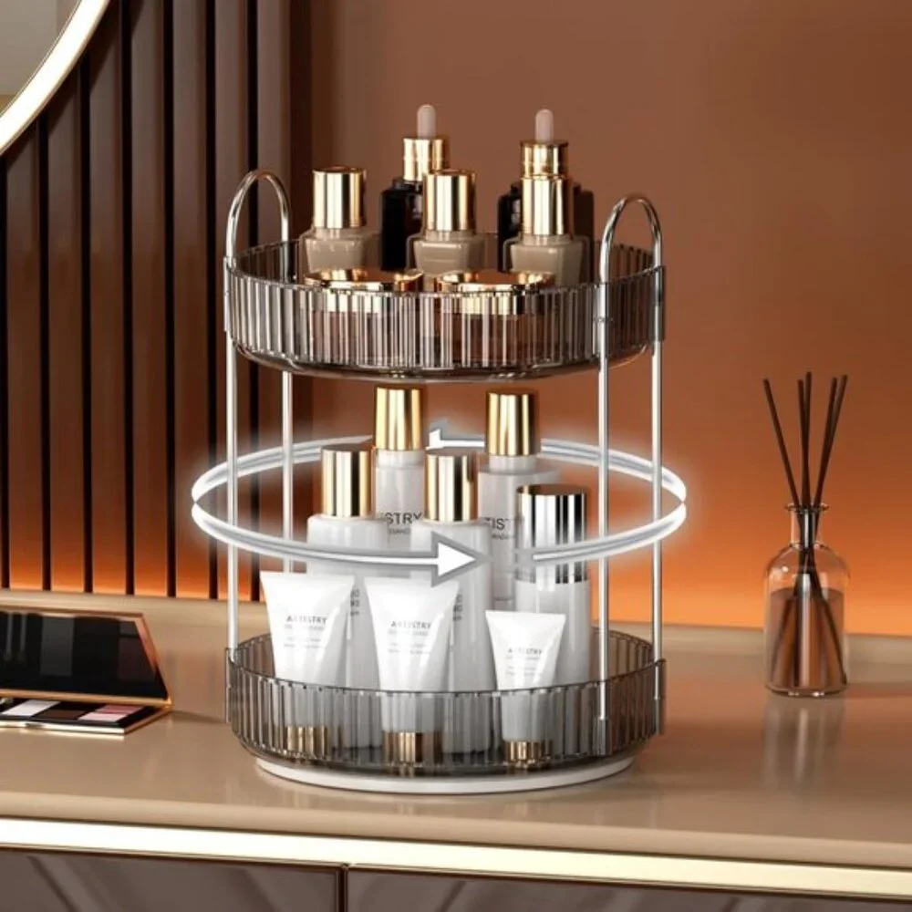 New 2-Tier 360° Rotating Smoky Gray Makeup Organizer for Vanity & Room Storage