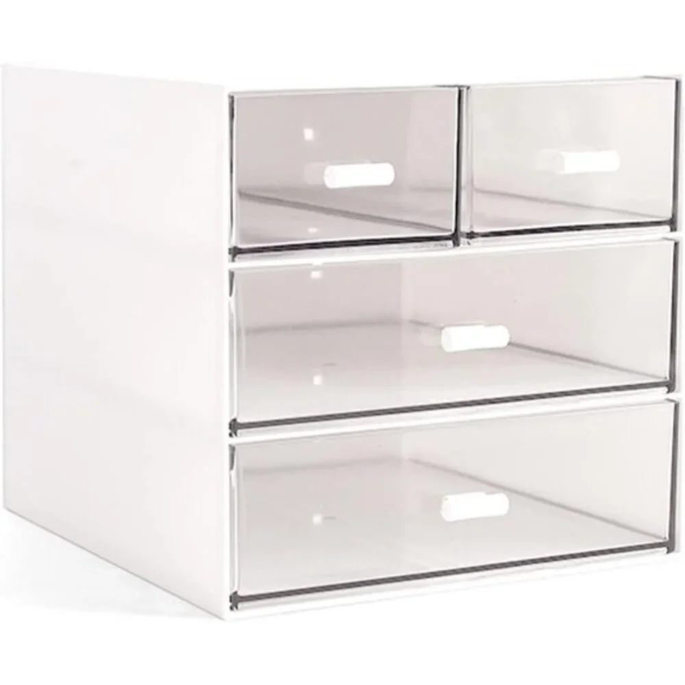 New White Makeup Organizer, Desk Storage Box with 4 Drawers for Vanity & Home